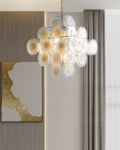 Modern White Glass Disc Chandelier with Adjustable Height & LED Compat