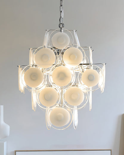 Modern White Glass Disc Chandelier with Adjustable Height & LED Compat