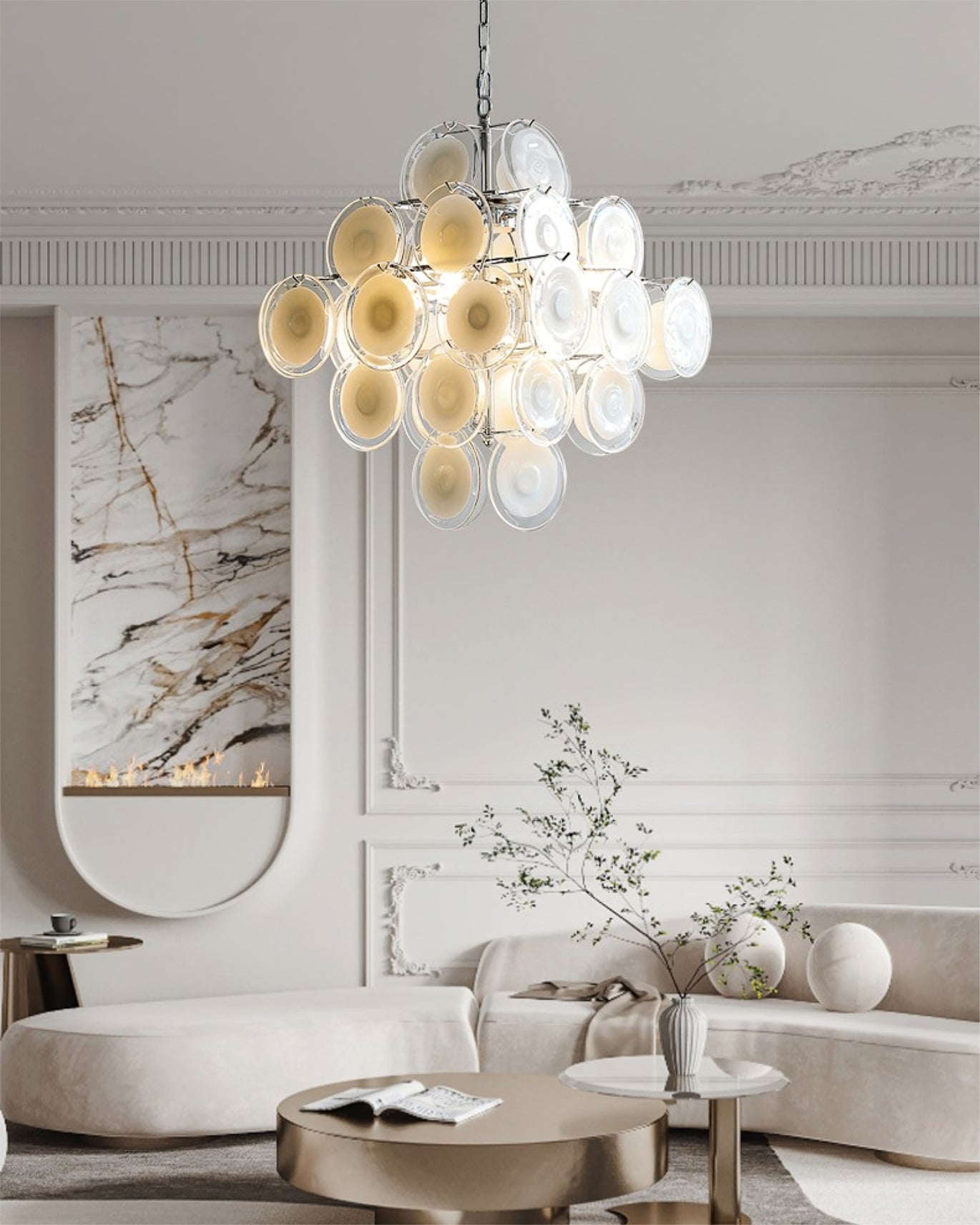 Modern White Glass Disc Chandelier with Adjustable Height & LED Compat