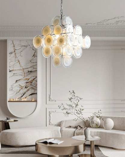 Modern White Glass Disc Chandelier with Adjustable Height & LED Compat