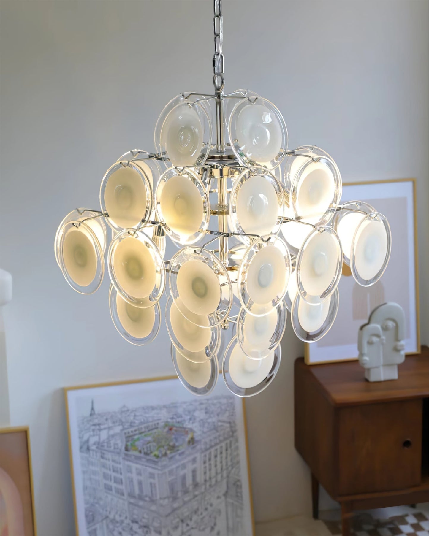 Modern White Glass Disc Chandelier with Adjustable Height & LED Compat