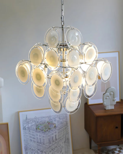 Modern White Glass Disc Chandelier with Adjustable Height & LED Compat