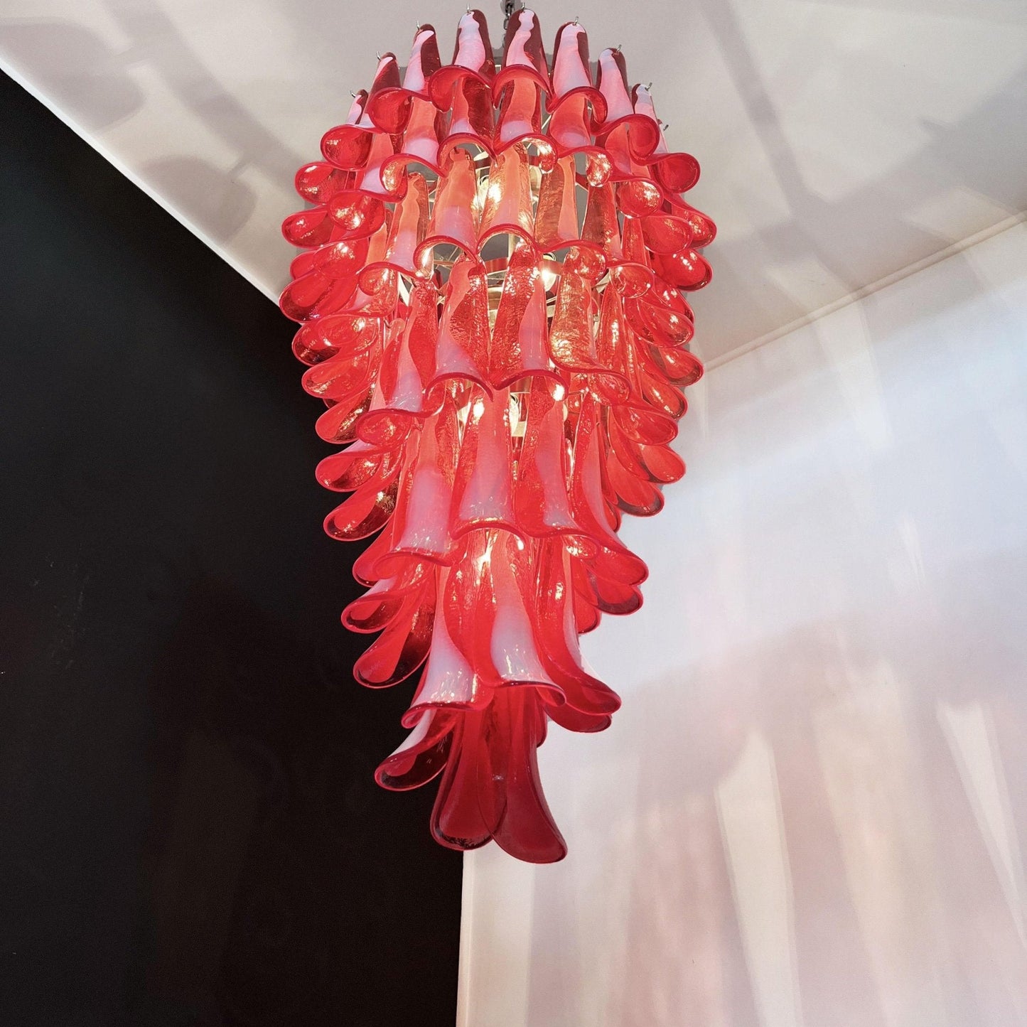 Elegant Glass Red Petals Spiral Chandelier with Adjustable Height & LE