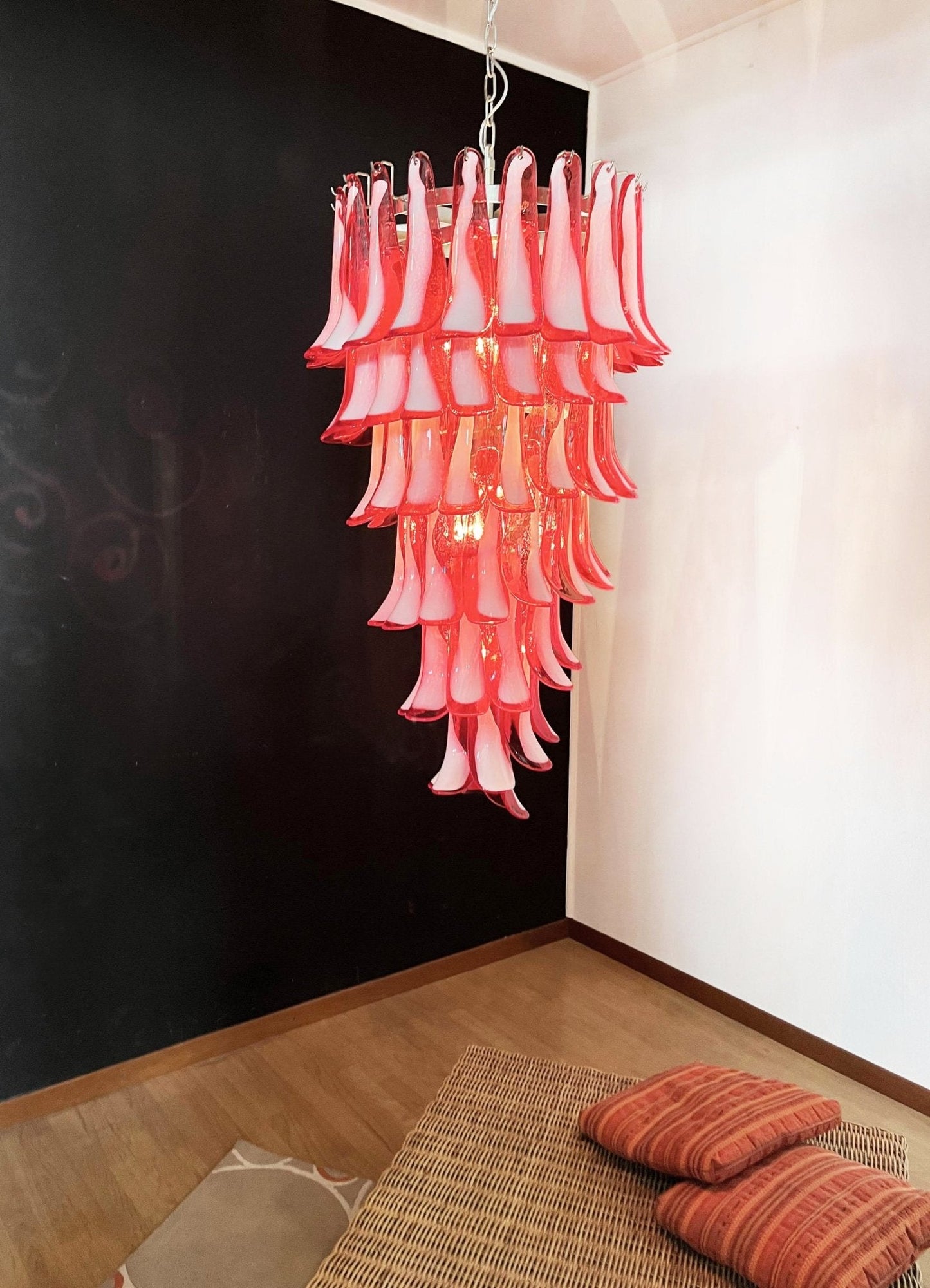 Elegant Glass Red Petals Spiral Chandelier with Adjustable Height & LE