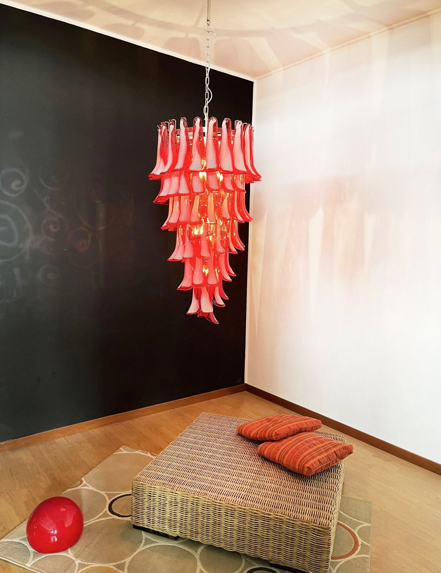 Elegant Glass Red Petals Spiral Chandelier with Adjustable Height & LE