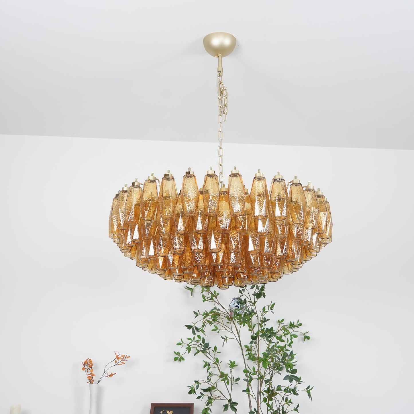 Rhombus Amber Glass Chandelier - Elegant Design & Adjustable Height