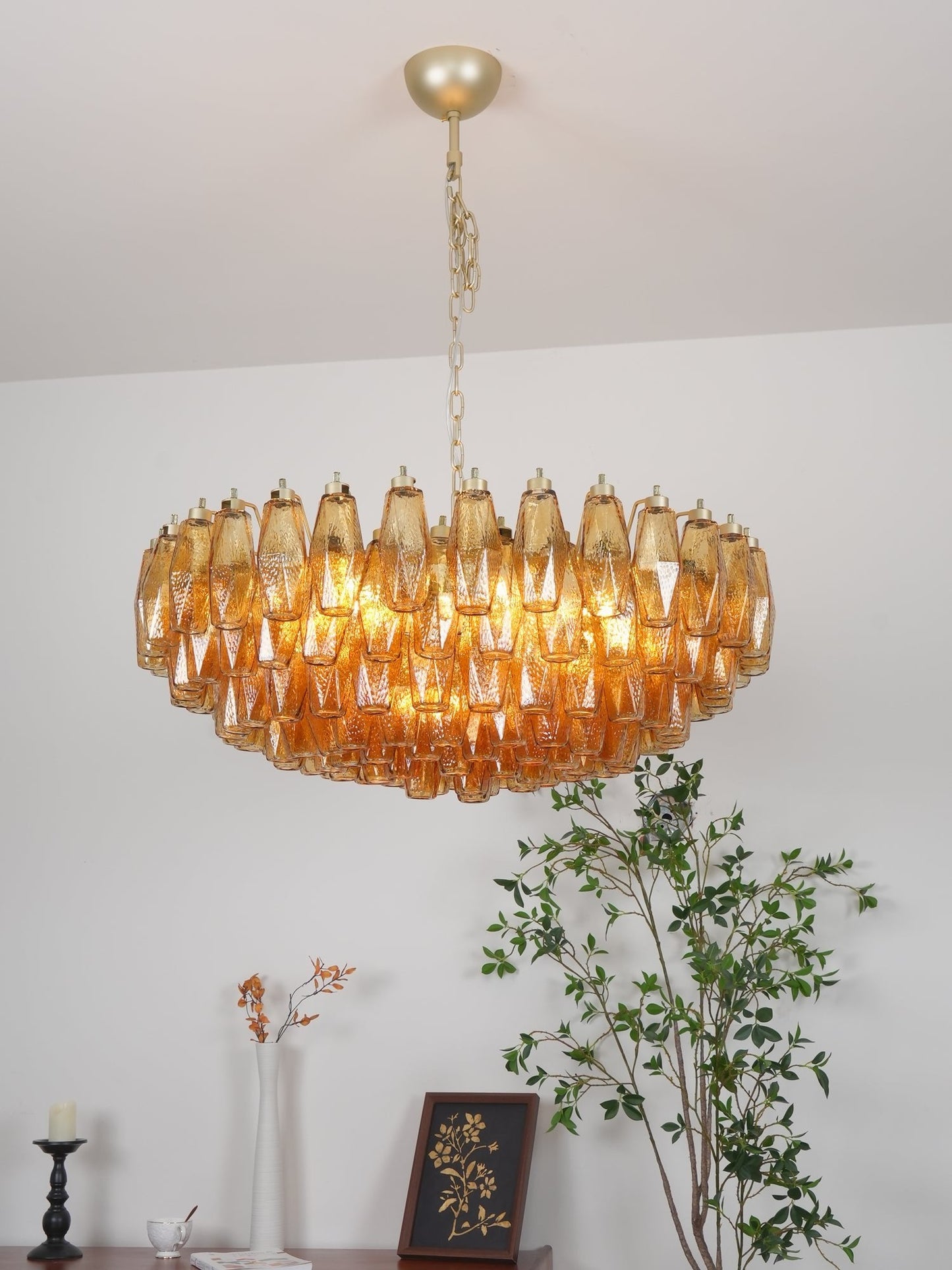 Rhombus Amber Glass Chandelier - Elegant Design & Adjustable Height