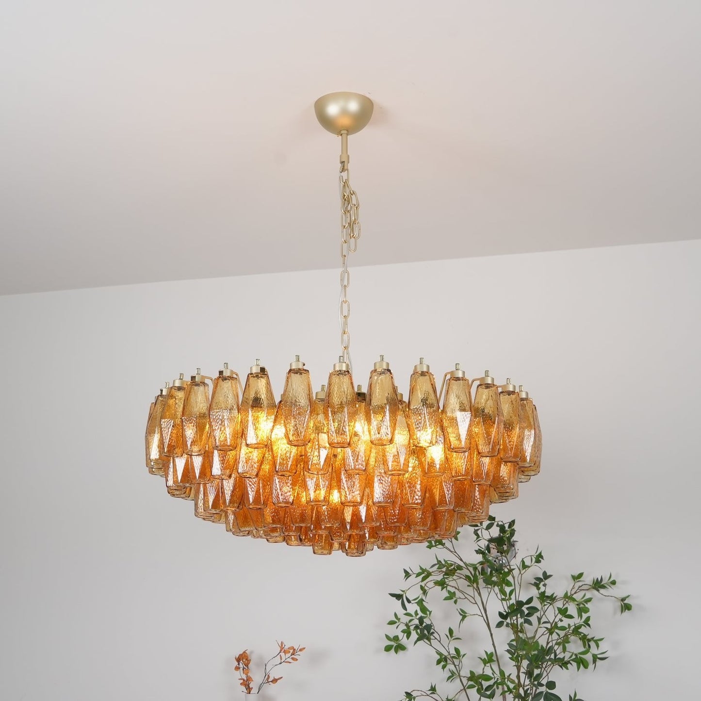 Rhombus Amber Glass Chandelier - Elegant Design & Adjustable Height