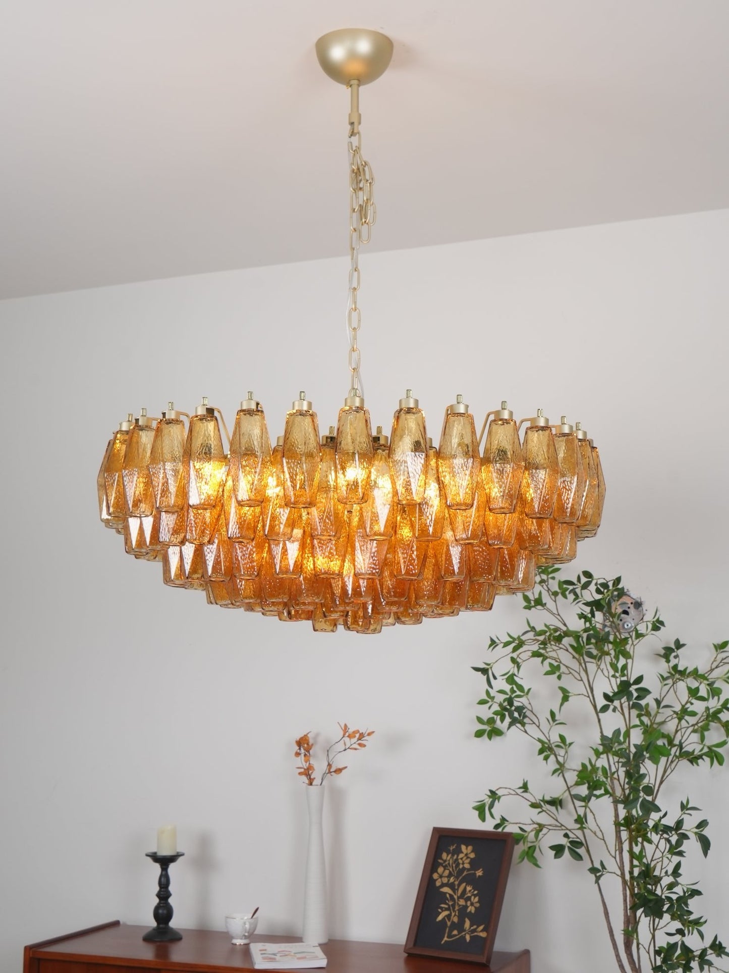 Rhombus Amber Glass Chandelier - Elegant Design & Adjustable Height