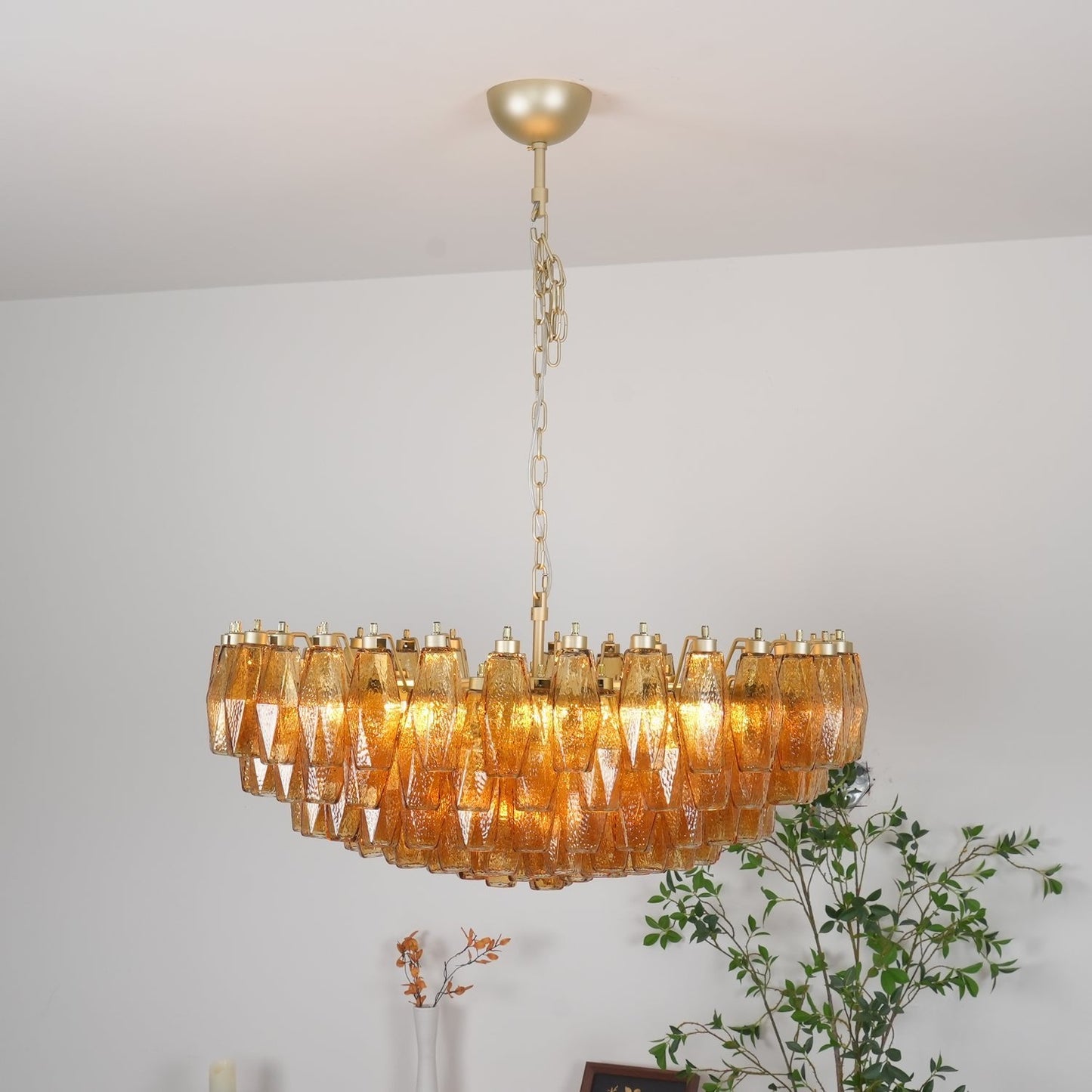 Rhombus Amber Glass Chandelier - Elegant Design & Adjustable Height