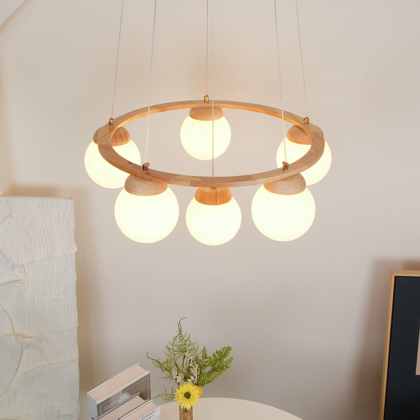 Miira Wood Chandelier - Elegant Design with Adjustable Height & LED Co