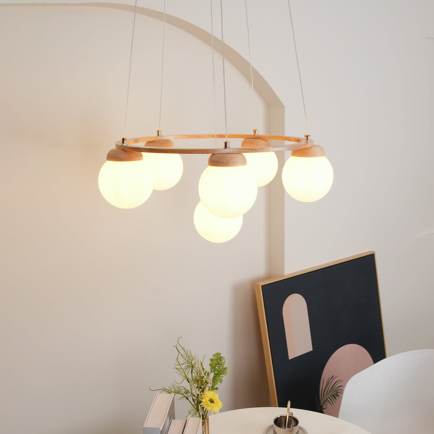 Miira Wood Chandelier - Elegant Design with Adjustable Height & LED Co