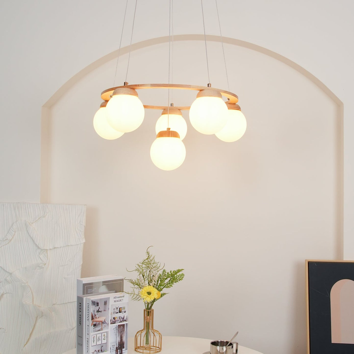 Miira Wood Chandelier - Elegant Design with Adjustable Height & LED Co