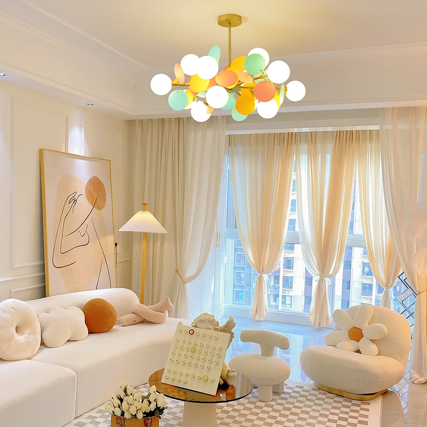 Elegant Off White Tree Chandelier with Adjustable Height and LED Light