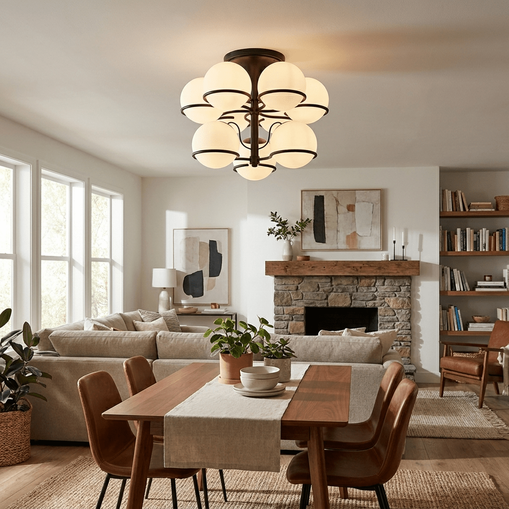 Elegant Opal Glass Globe Semiflush Chandelier with Adjustable Height &