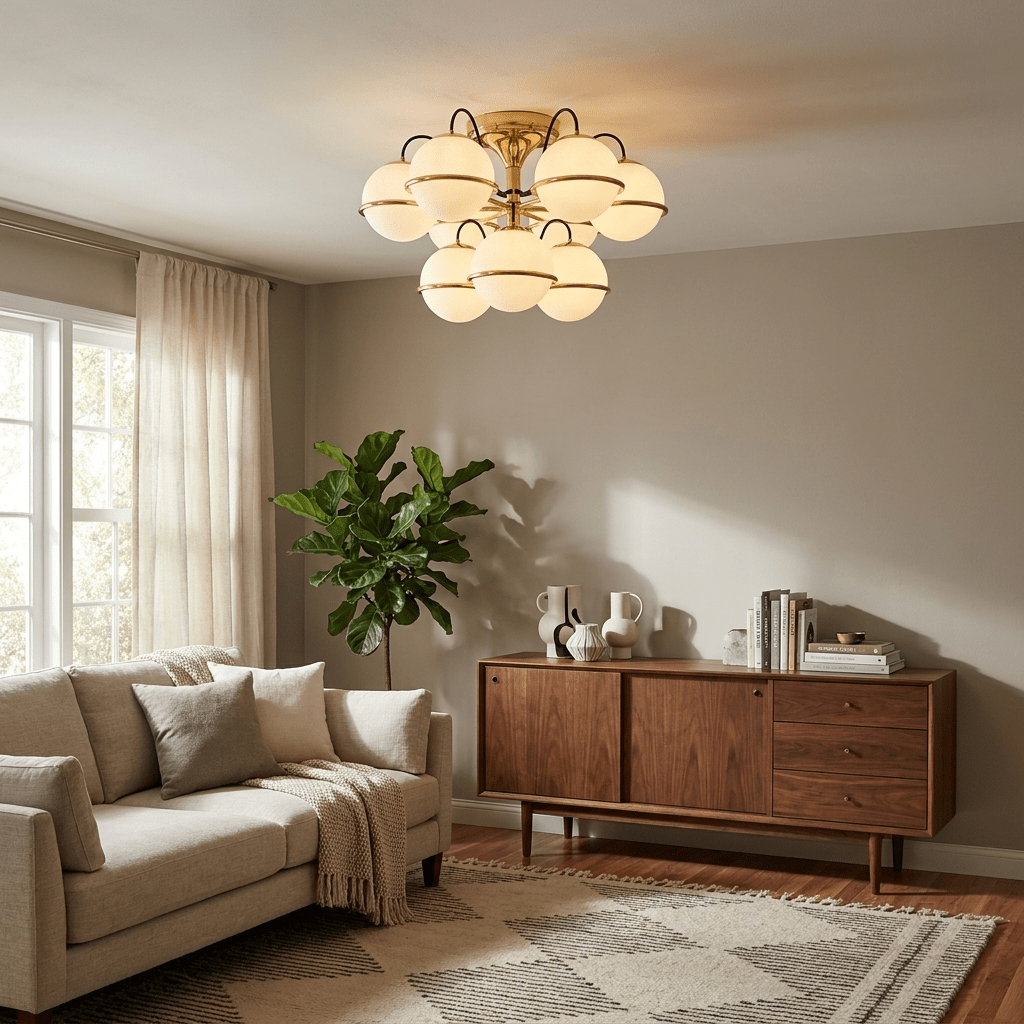 Elegant Opal Glass Globe Semiflush Chandelier with Adjustable Height &