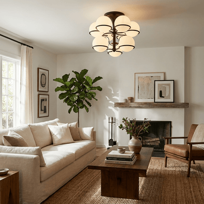 Elegant Opal Glass Globe Semiflush Chandelier with Adjustable Height &