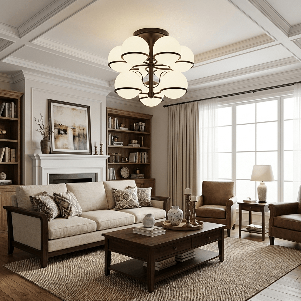 Elegant Opal Glass Globe Semiflush Chandelier with Adjustable Height &