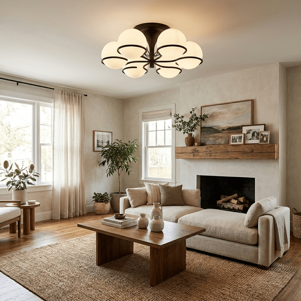Elegant Opal Glass Globe Semiflush Chandelier with Adjustable Height &