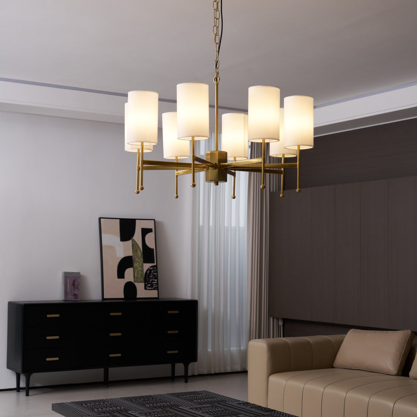 Brass Chandelier with Adjustable Height and Elegant Crystal Accents