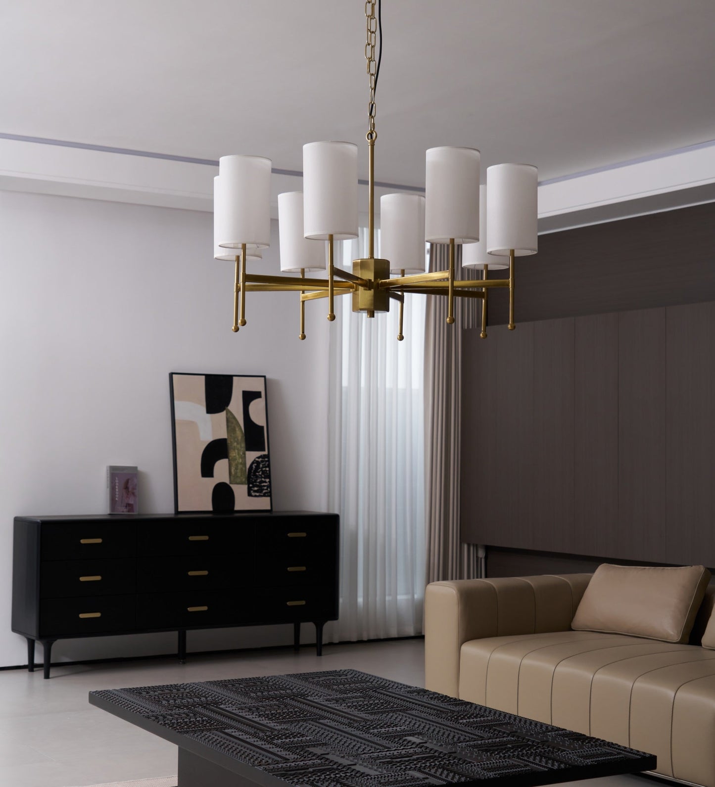 Brass Chandelier with Adjustable Height and Elegant Crystal Accents