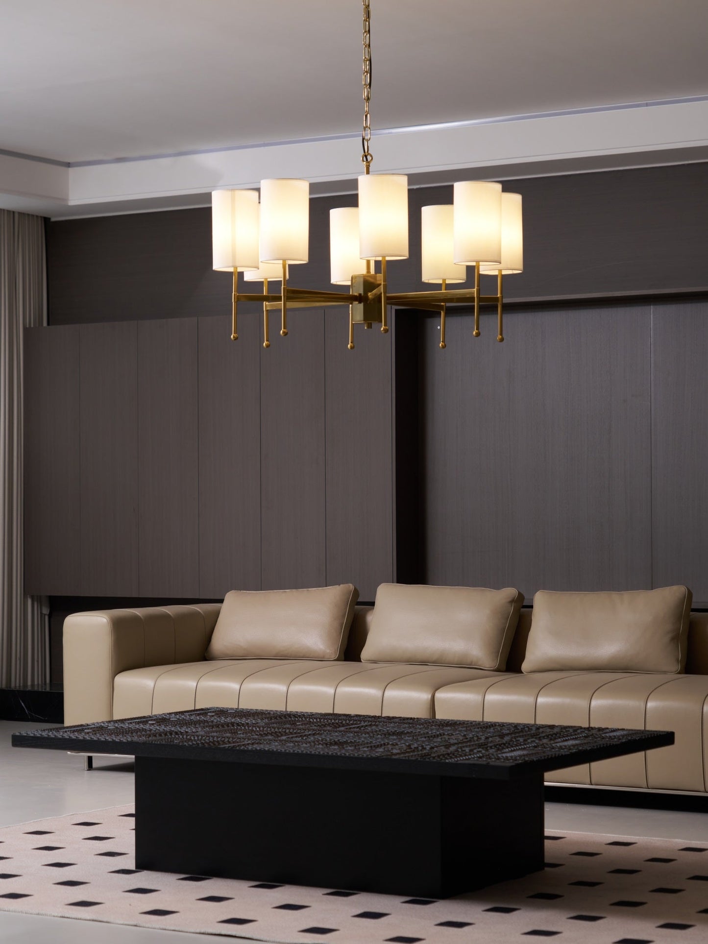 Brass Chandelier with Adjustable Height and Elegant Crystal Accents