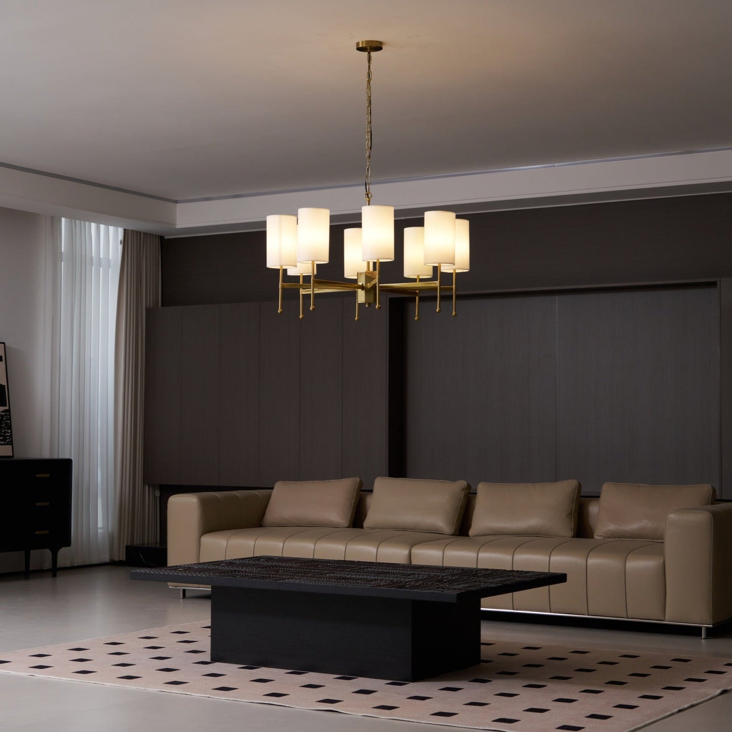 Brass Chandelier with Adjustable Height and Elegant Crystal Accents