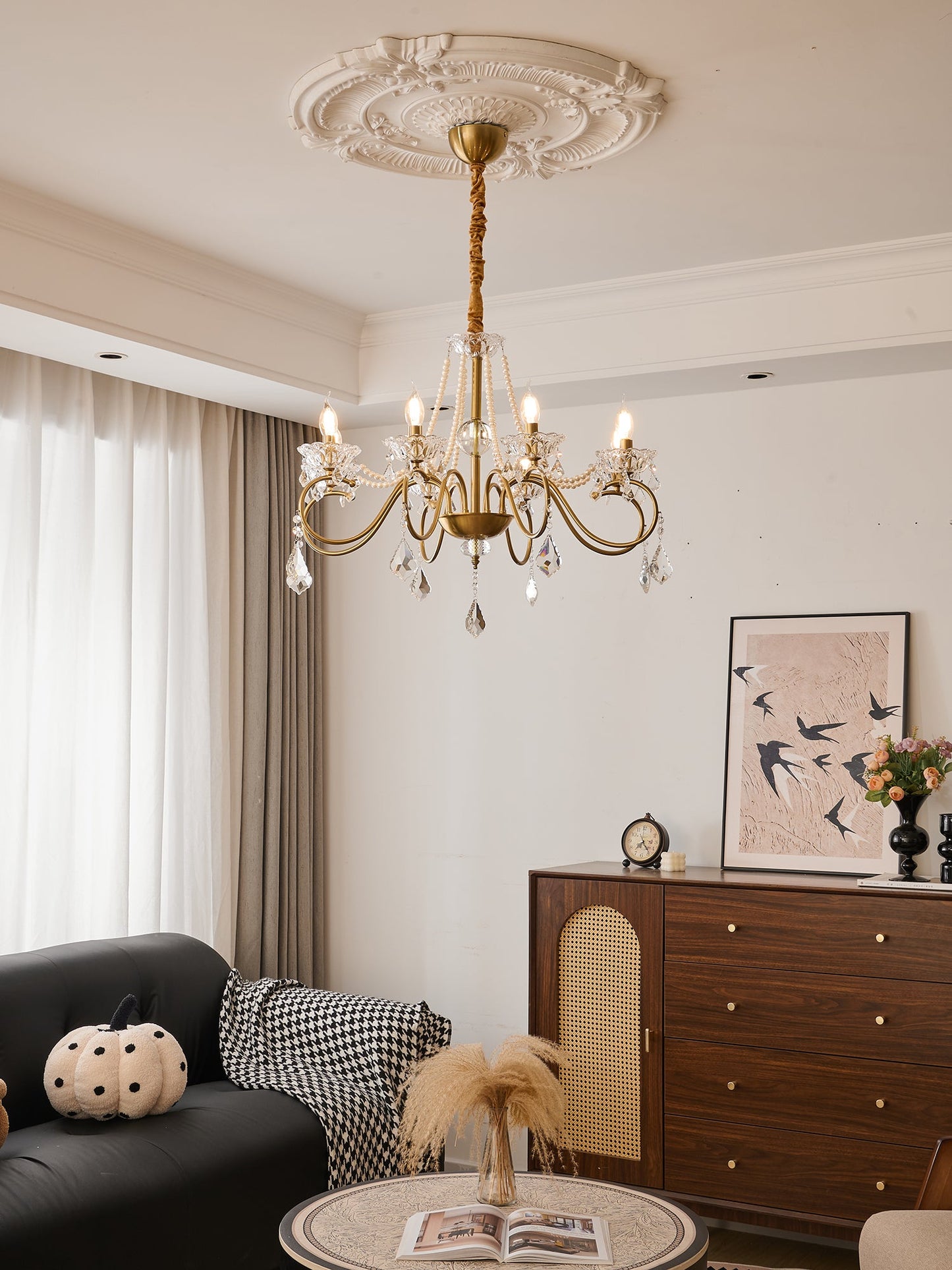 Opulent Pearl Crystal Chandelier - Elegant Design with Adjustable Heig