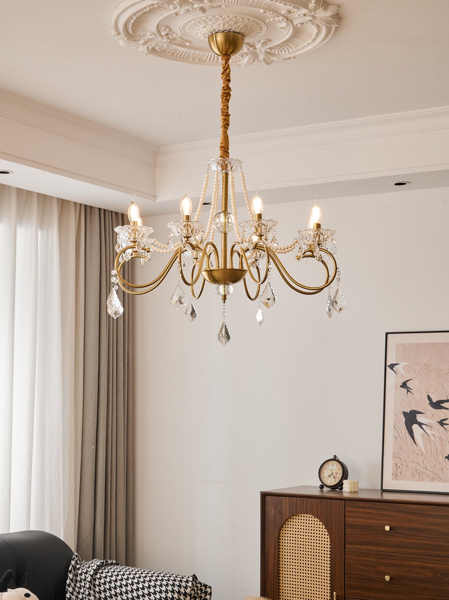 Opulent Pearl Crystal Chandelier - Elegant Design with Adjustable Heig