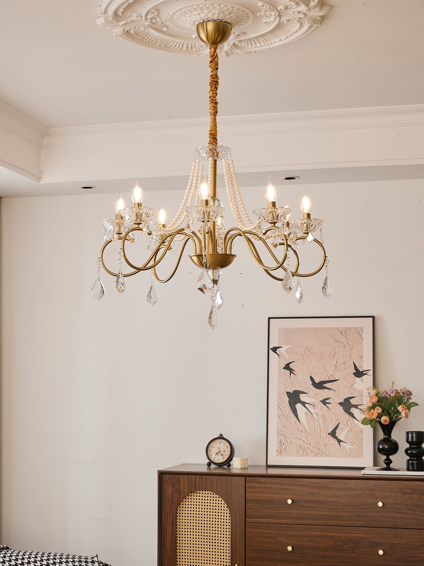 Opulent Pearl Crystal Chandelier - Elegant Design with Adjustable Heig