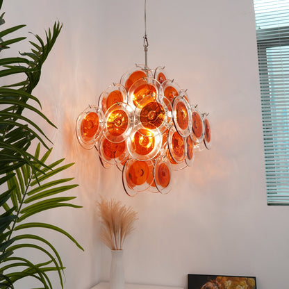 Orange Transparent Glass Disc Chandelier with Adjustable Height & Mode