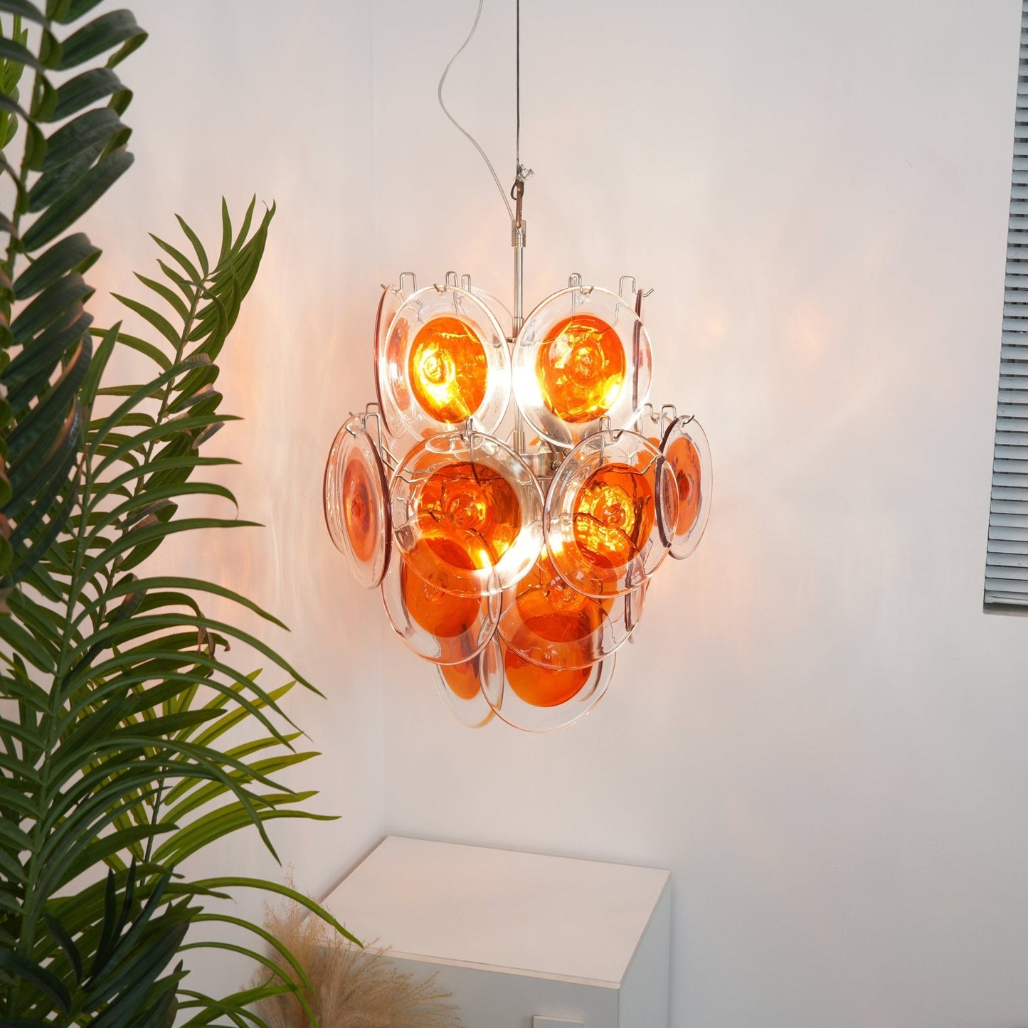 Orange Transparent Glass Disc Chandelier with Adjustable Height & Mode