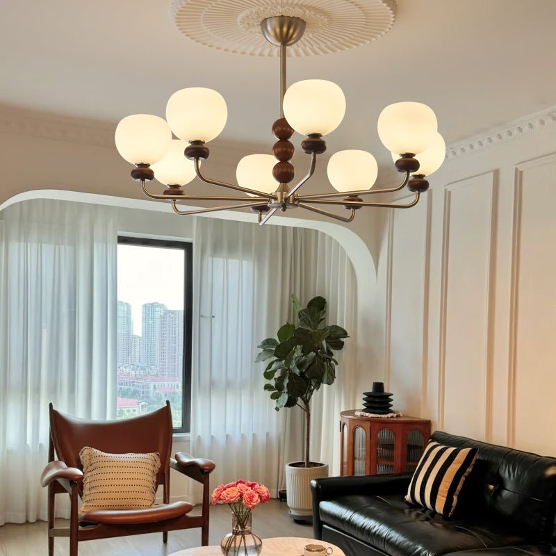 Modern Walnut Orb Chandelier - Adjustable Height, Elegant Design