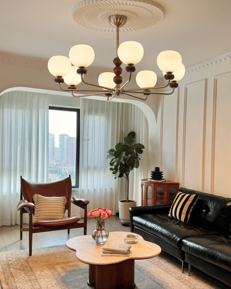 Modern Walnut Orb Chandelier - Adjustable Height, Elegant Design
