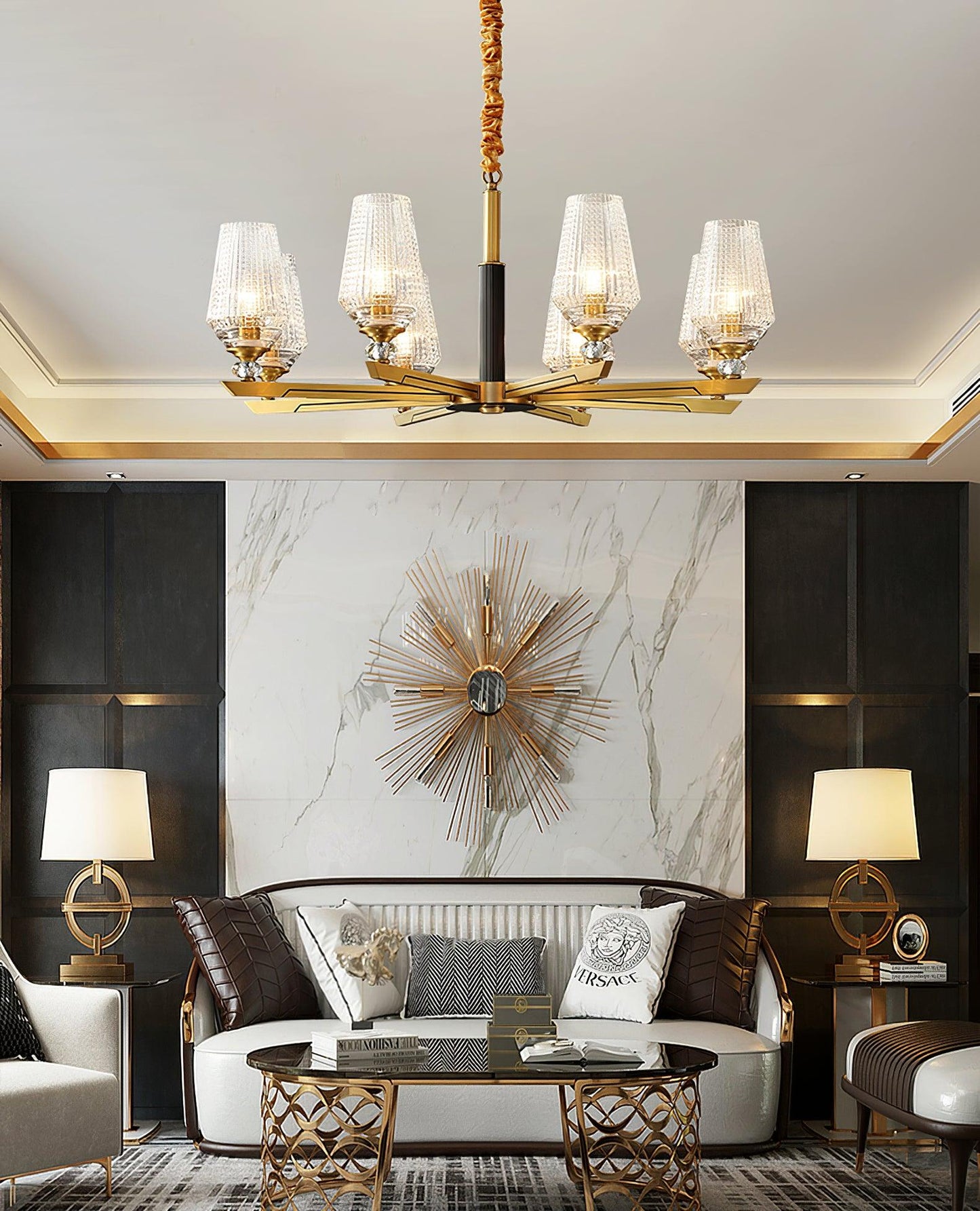 Elegant Brass Chandelier with Adjustable Height & Dimmable Lighting