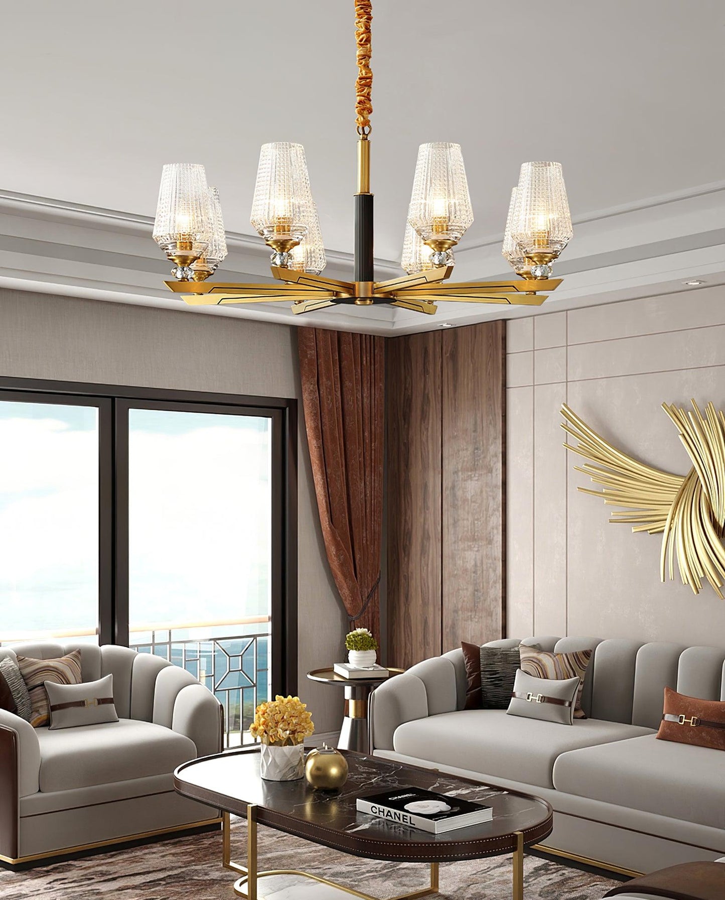 Elegant Brass Chandelier with Adjustable Height & Dimmable Lighting
