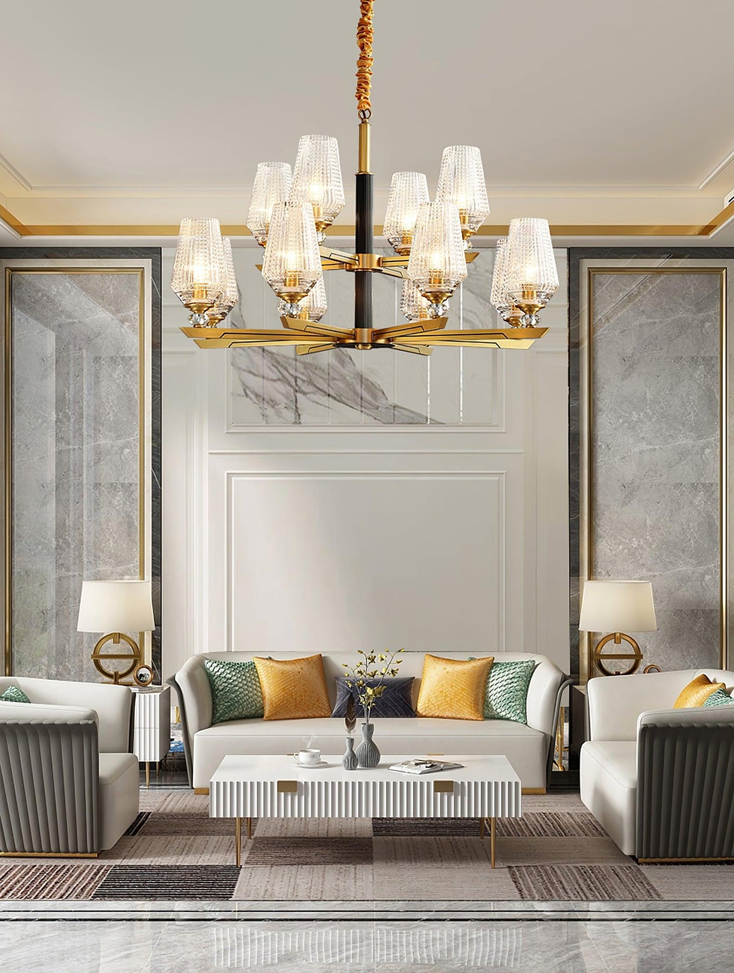Elegant Brass Chandelier with Adjustable Height & Dimmable Lighting