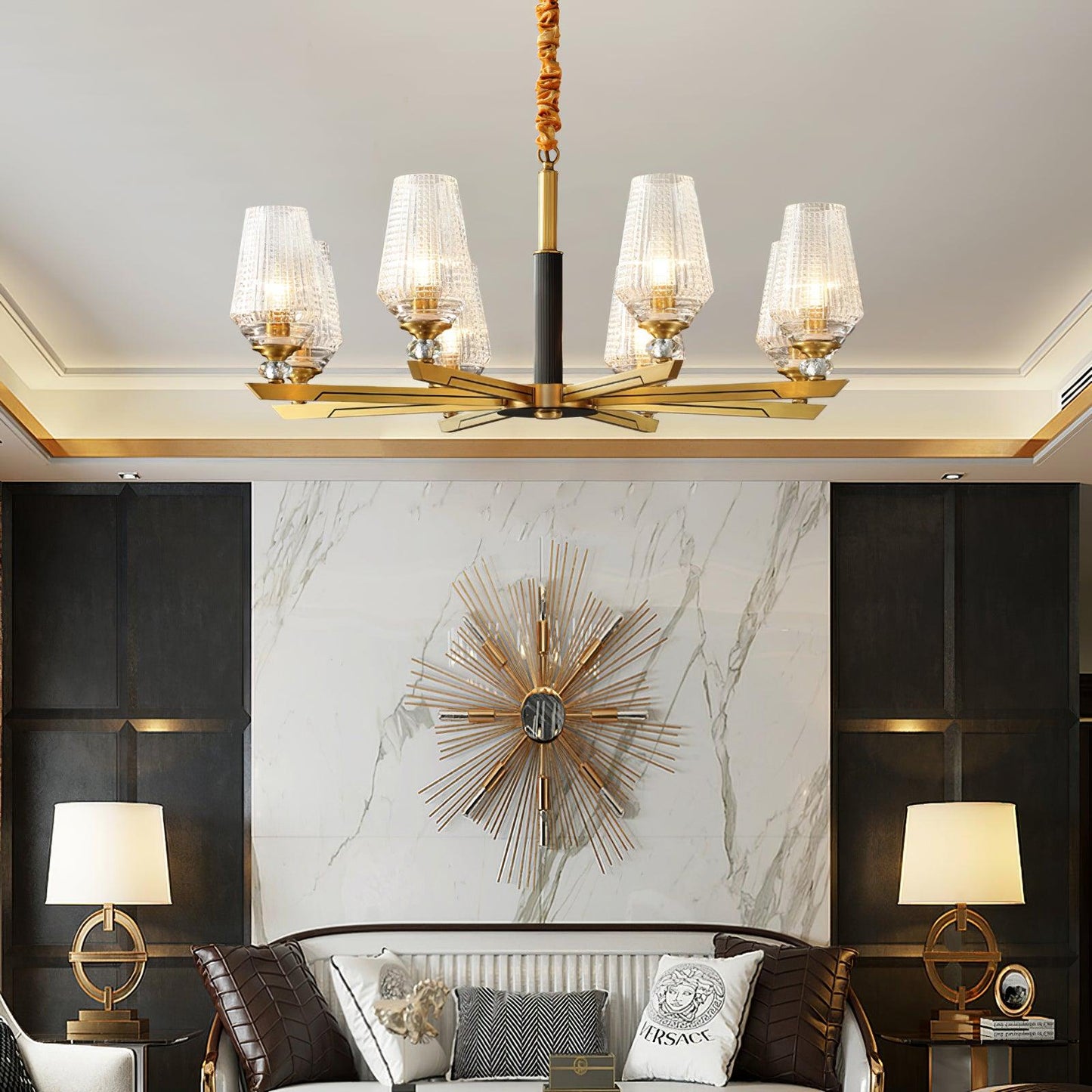 Elegant Brass Chandelier with Adjustable Height & Dimmable Lighting