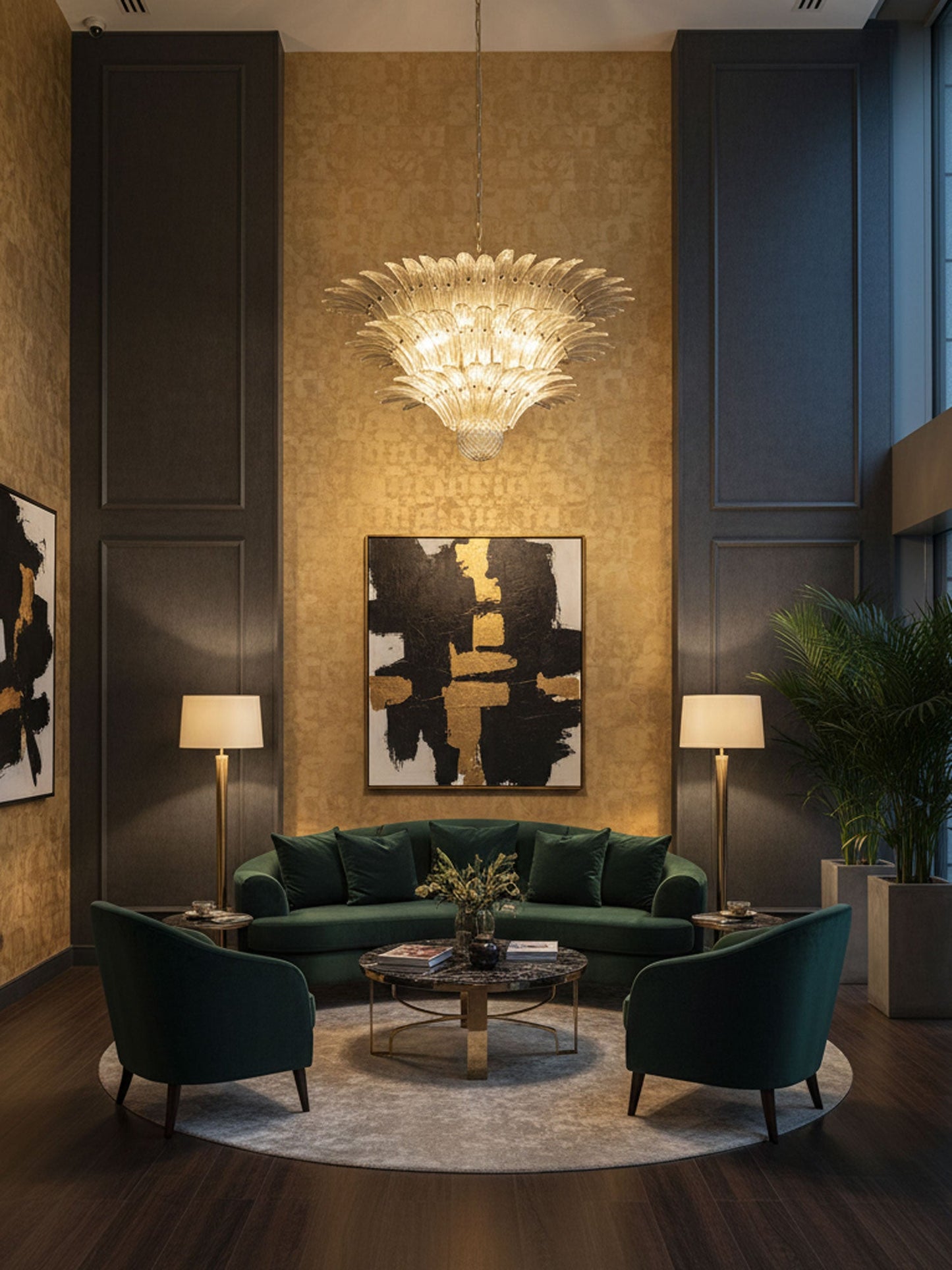 Elegant Palm Grove Glass Chandelier with Adjustable Height & LED Compa