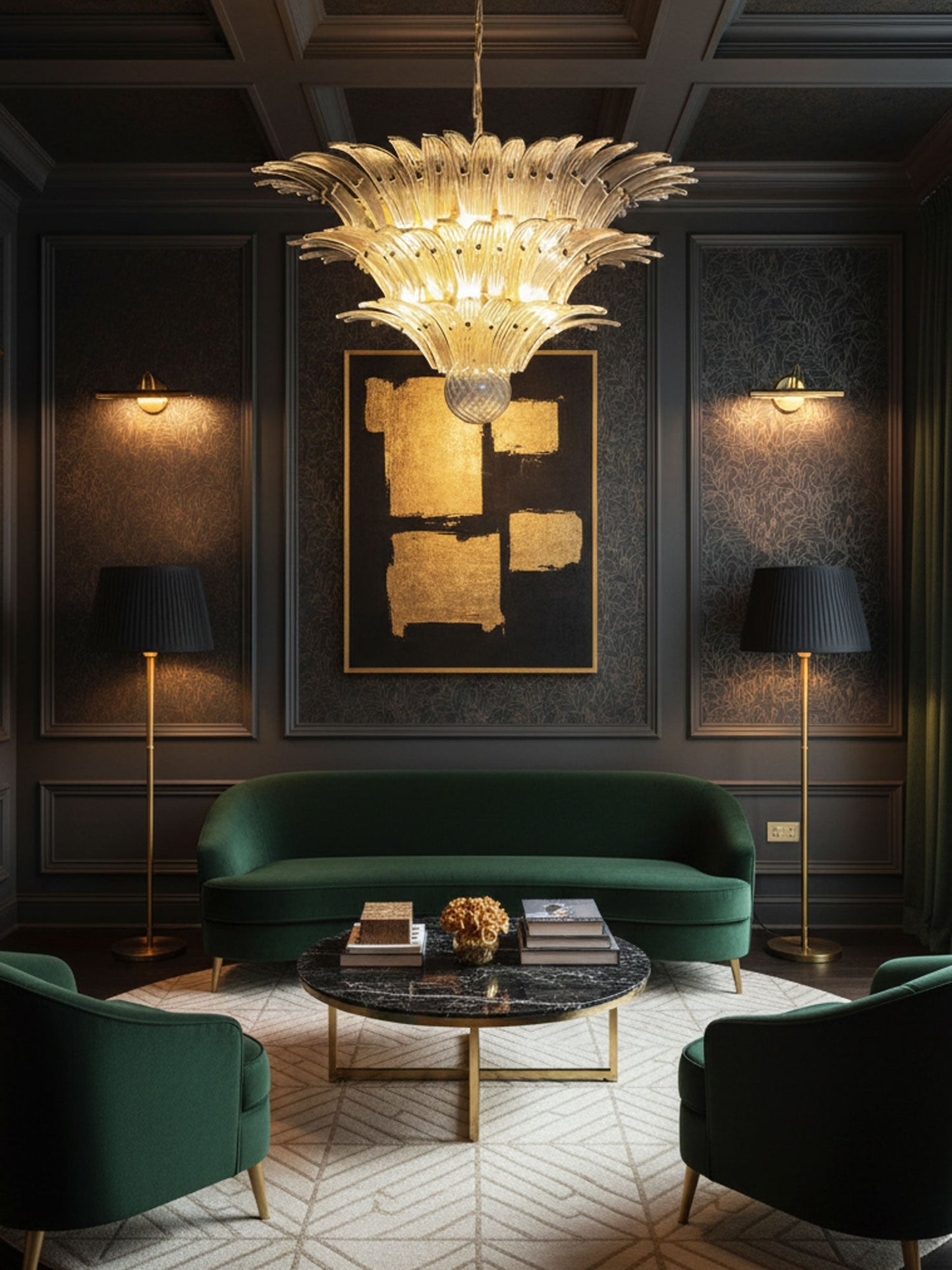 Elegant Palm Grove Glass Chandelier with Adjustable Height & LED Compa