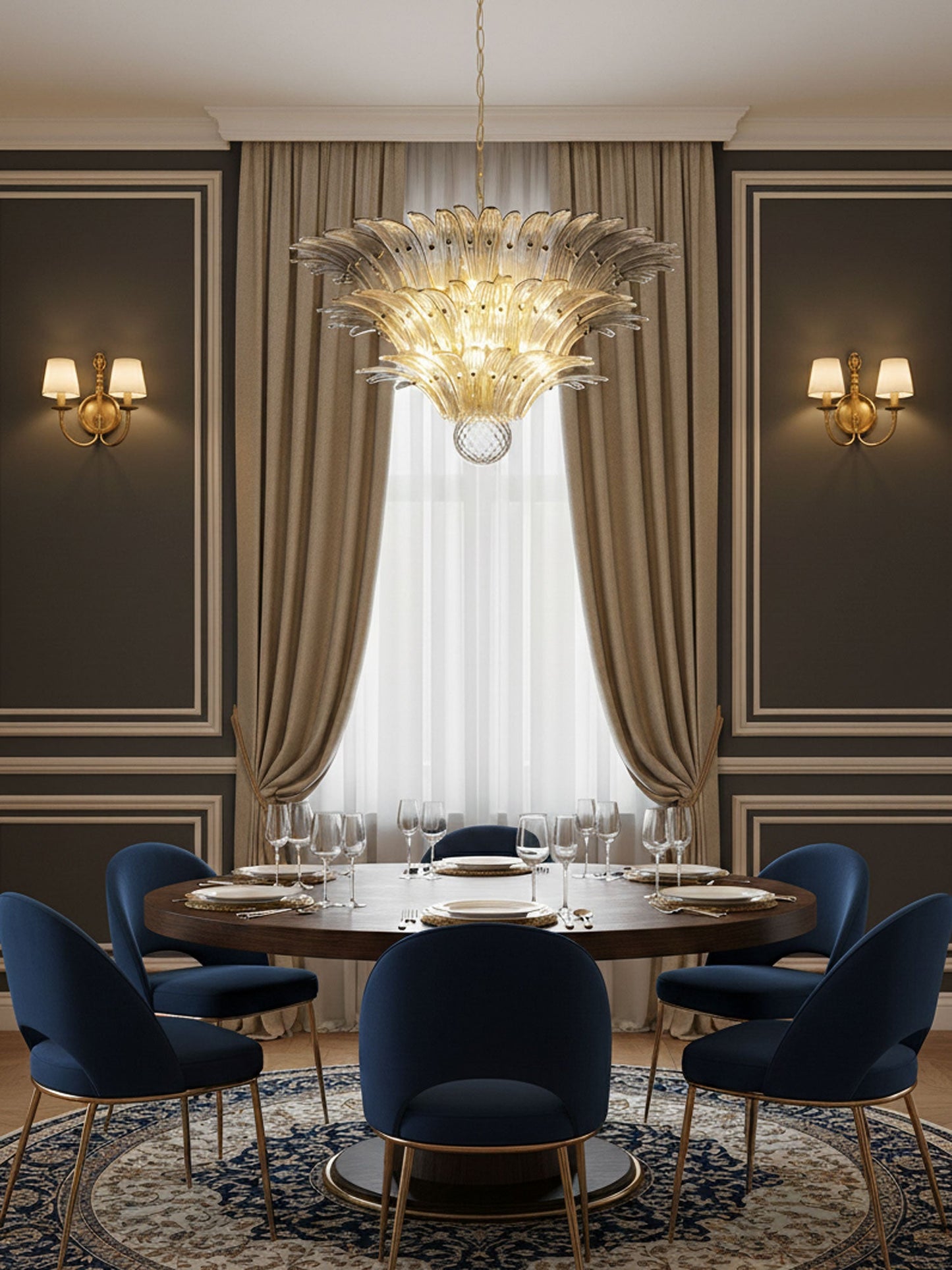 Elegant Palm Grove Glass Chandelier with Adjustable Height & LED Compa