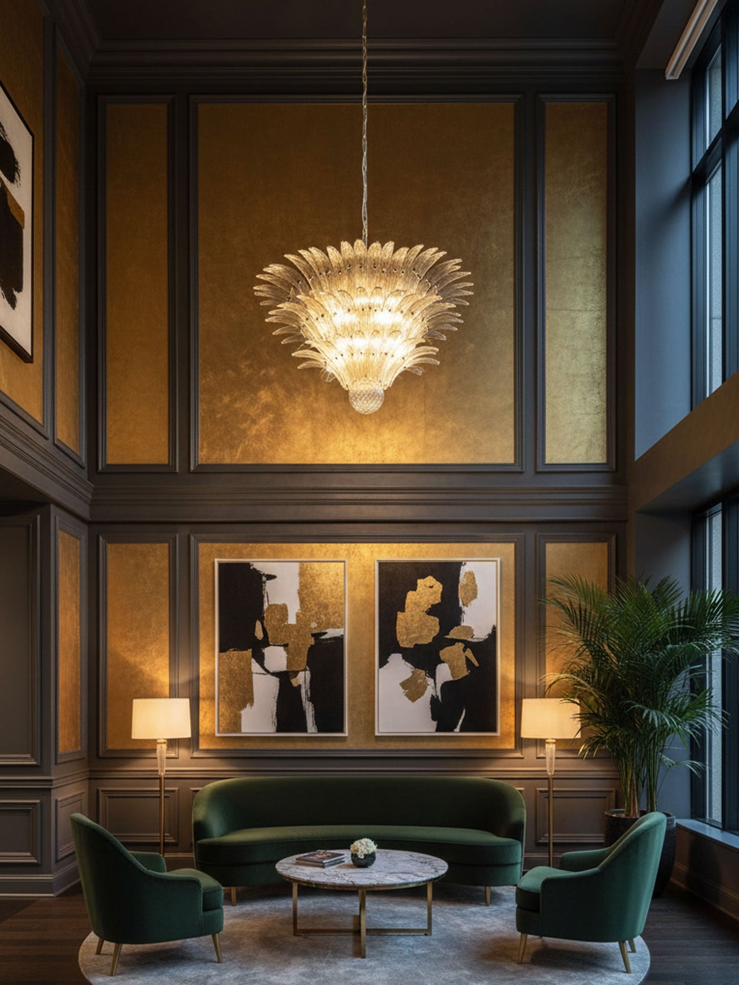 Elegant Palm Grove Glass Chandelier with Adjustable Height & LED Compa