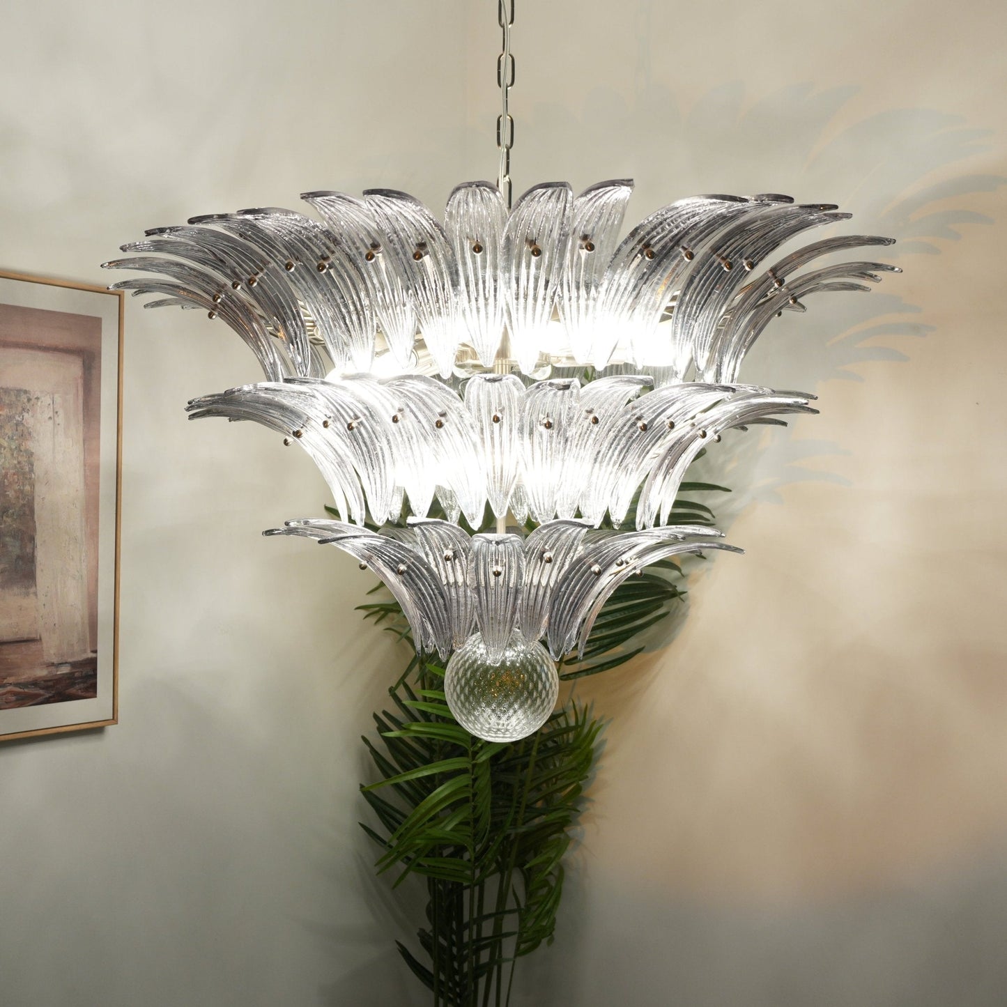 Elegant Palm Grove Glass Chandelier with Adjustable Height & LED Compa
