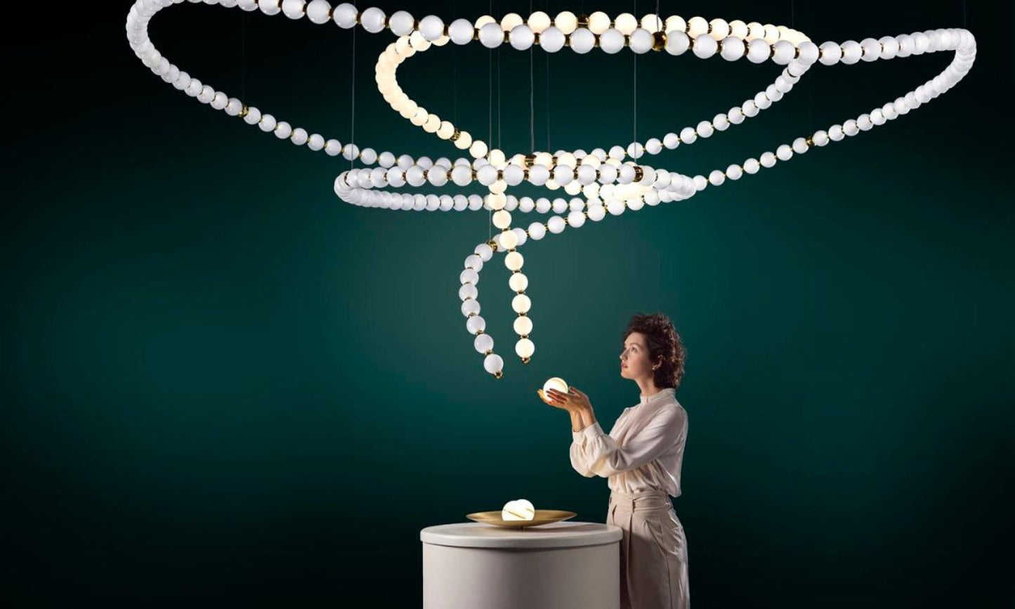 Customizable Pearl Drop Chandelier with Adjustable Height & LED Lights
