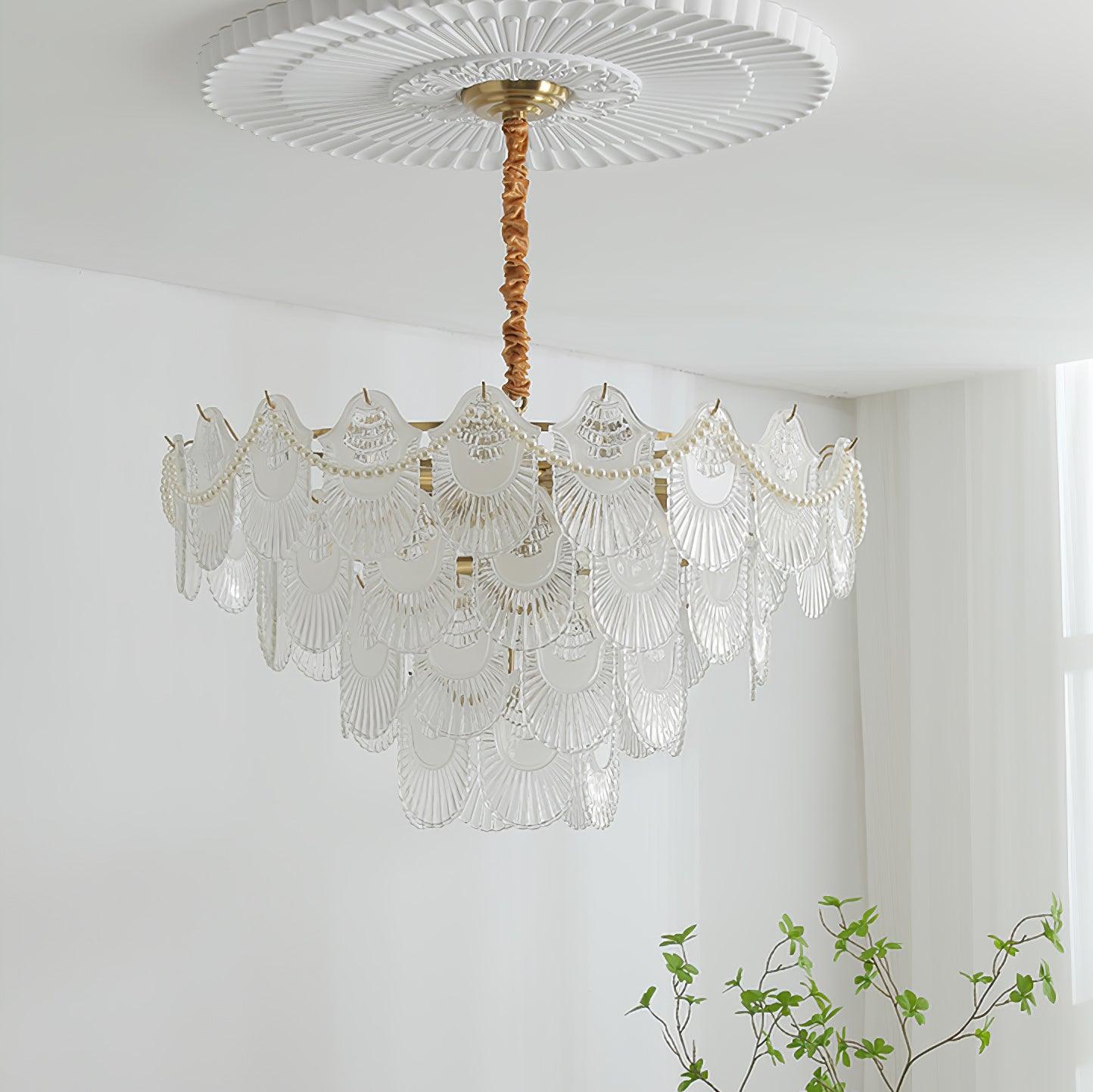 Elegant Pearl Glass Shell Chandelier with Adjustable Height & LED Comp