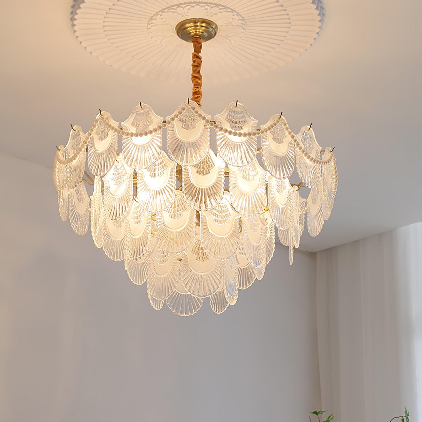Elegant Pearl Glass Shell Chandelier with Adjustable Height & LED Comp