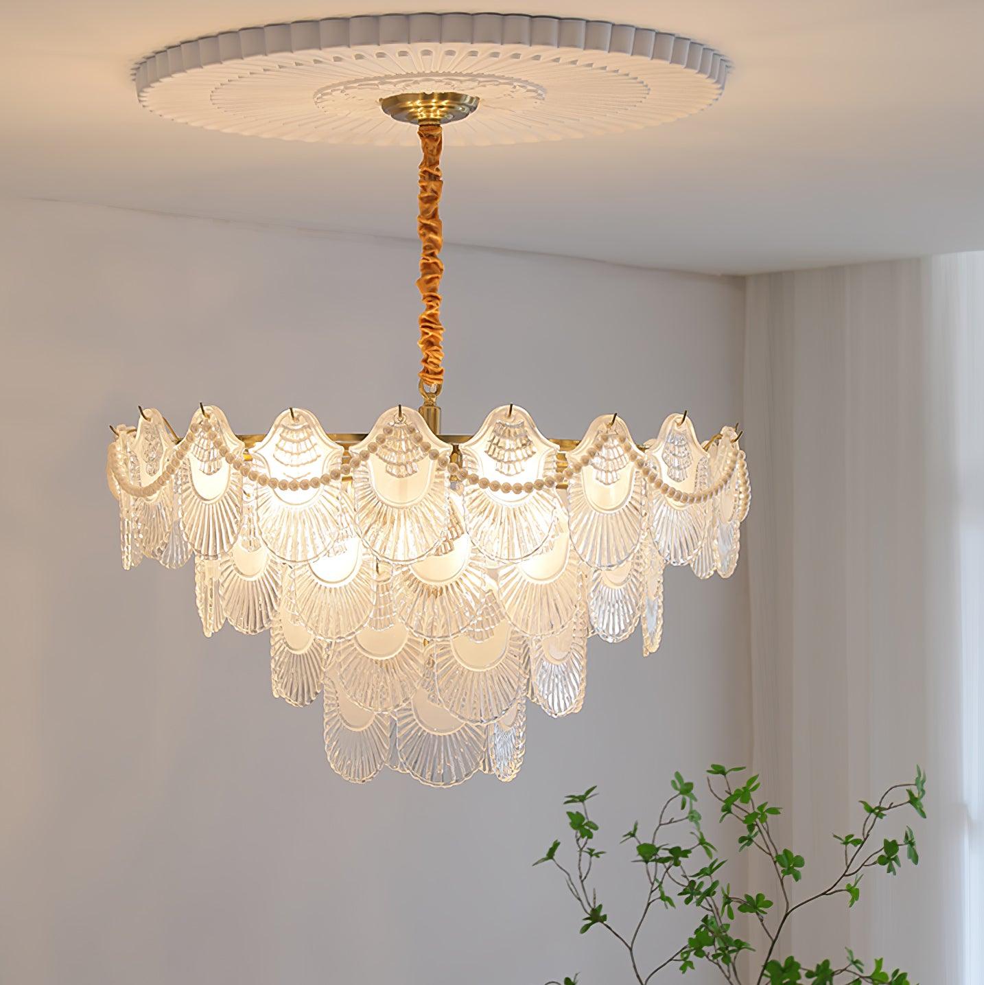 Elegant Pearl Glass Shell Chandelier with Adjustable Height & LED Comp