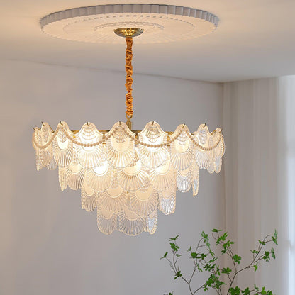 Elegant Pearl Glass Shell Chandelier with Adjustable Height & LED Comp