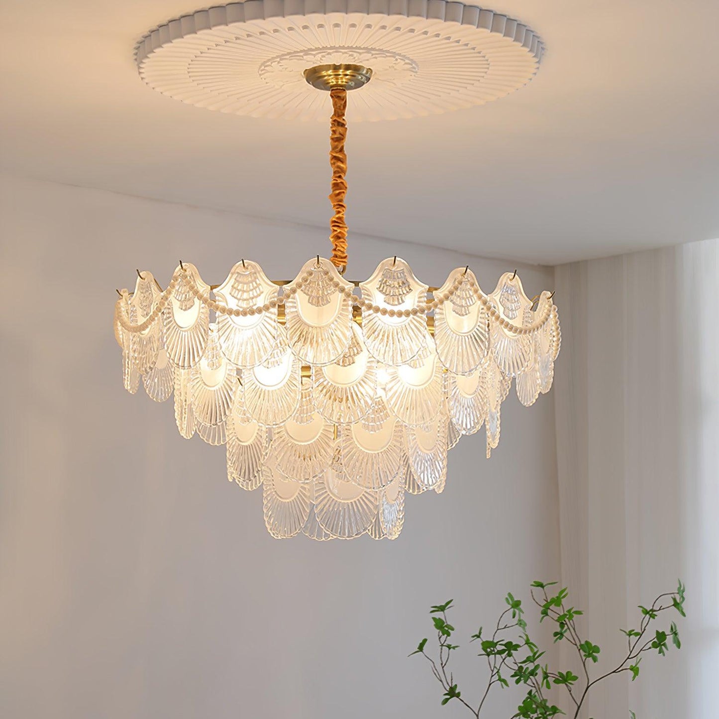 Elegant Pearl Glass Shell Chandelier with Adjustable Height & LED Comp