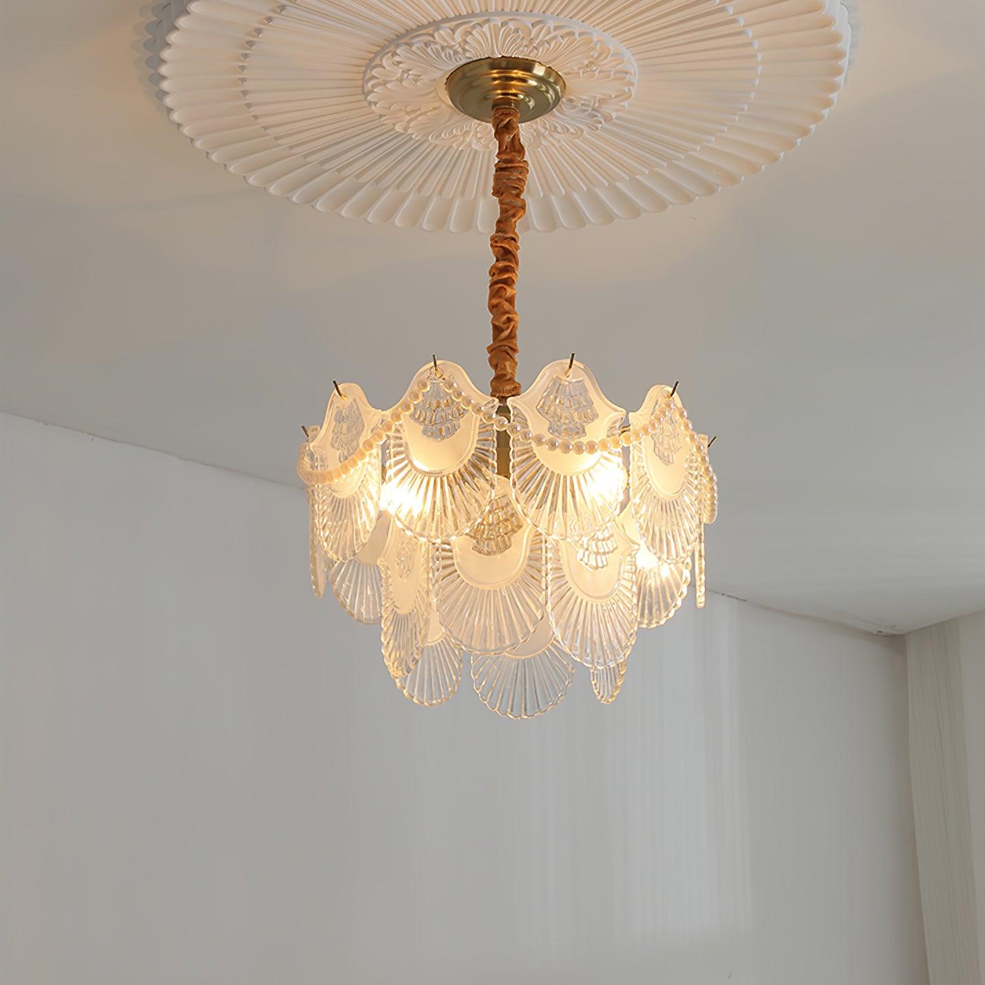 Elegant Pearl Glass Shell Chandelier with Adjustable Height & LED Comp
